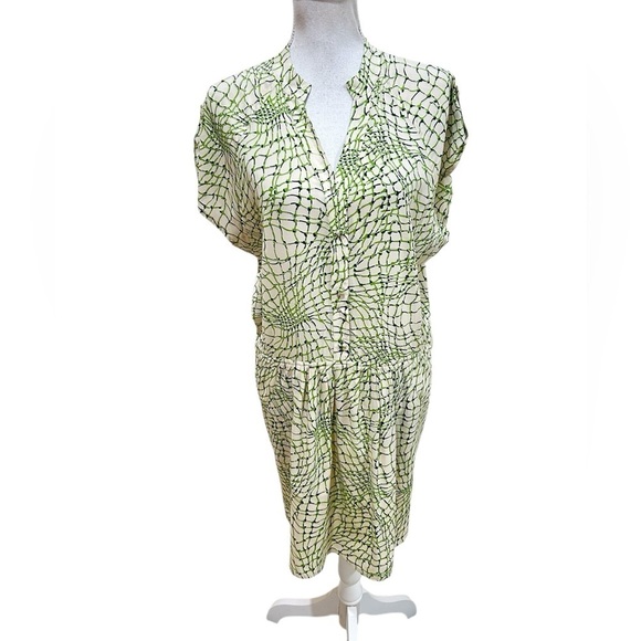 Alice & Olivia green graphic print stretch silk dress front pockets size large - Picture 1 of 10